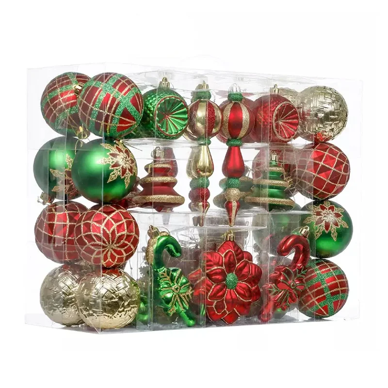 108pcs 7-17cm Premium Red Green Gold Shatterproof Ornament Set 00108001