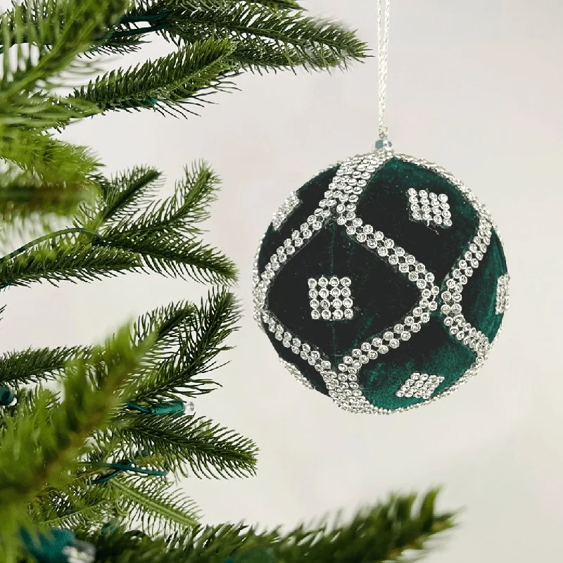 Forest Green Velvet Ball Ornament with Crystal Rhinestones