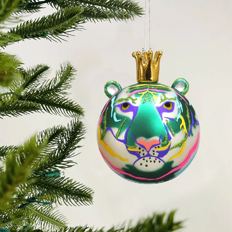 Hand-Blown Tiger Head Glass Ball with Gold Crown