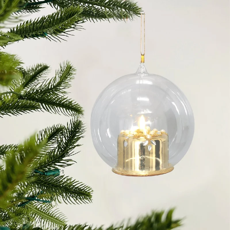 Glass Ball Ornament with Gold Candle Light Inside