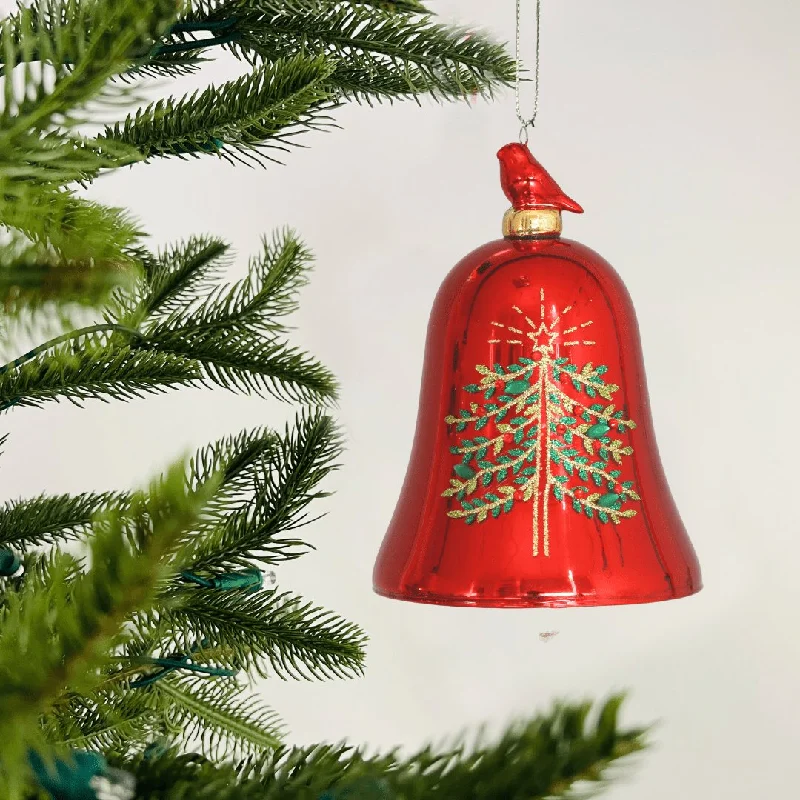 Hand-Blown Red Bell Ornament with Bird Figurine