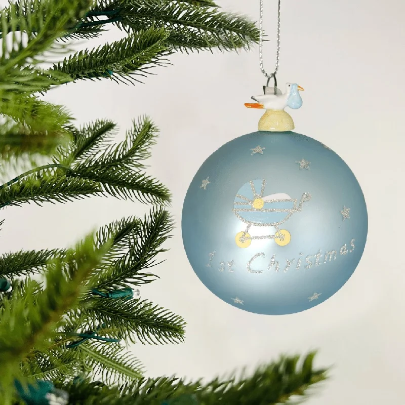 Hand-Blown Powder Blue Glass Ornament with Stork