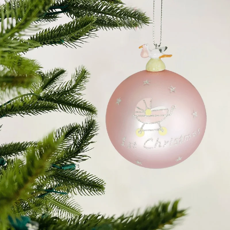 Hand-Blown Baby Pink Glass Ornament with Stork