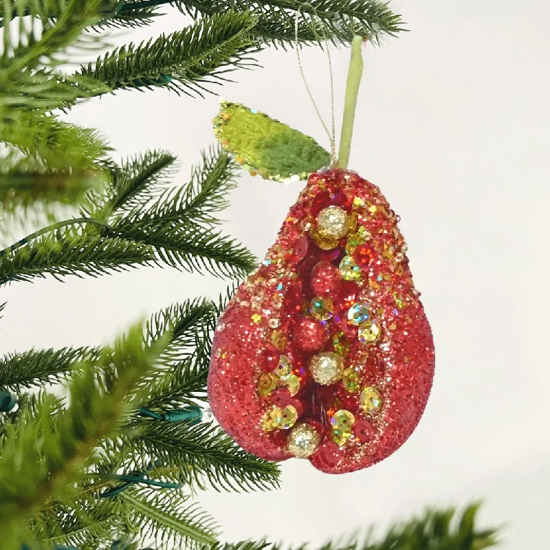 Gilded Glitter Pear Ornament with Red Glitter