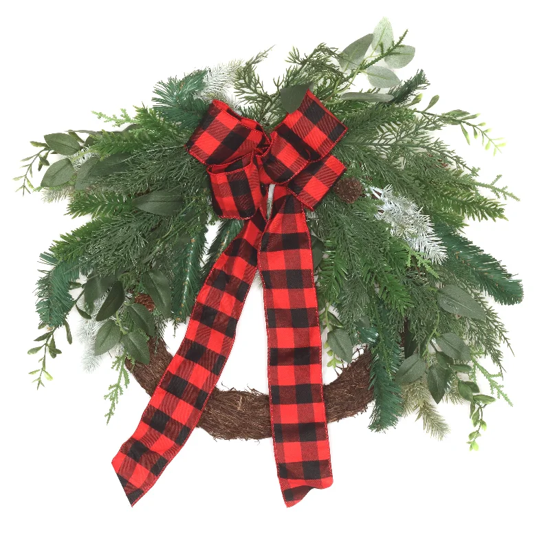 22 in.  Mixed Pine and Bow Decorated Wreath