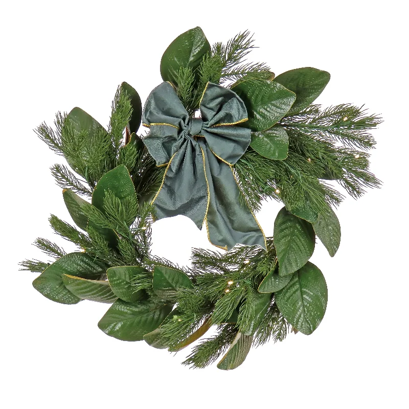 24 in. Pre-Lit Magnolia Mix Pine Wreath with Warm White LED Lights