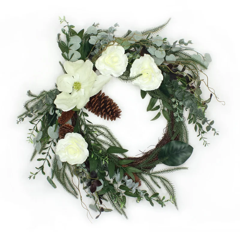 26 in. Mixed Greens and White Flowers Decorated Wreath