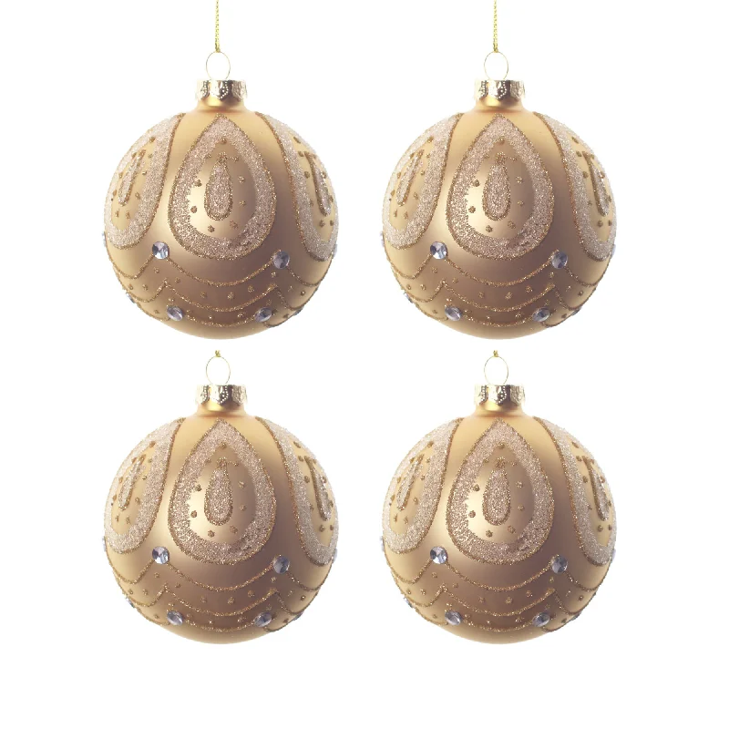 4pcs 8cm Gold Beaded Teardrop Round Glass Ornament 0804001G