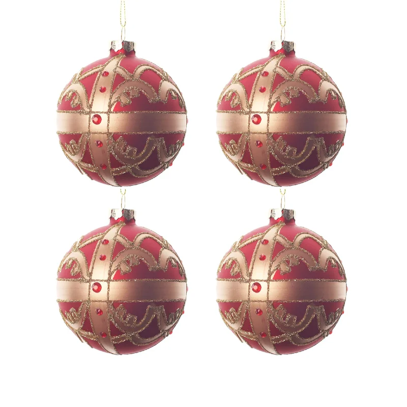 4pcs 8cm Red Gold Glitter Round Glass Ornament 0804002G