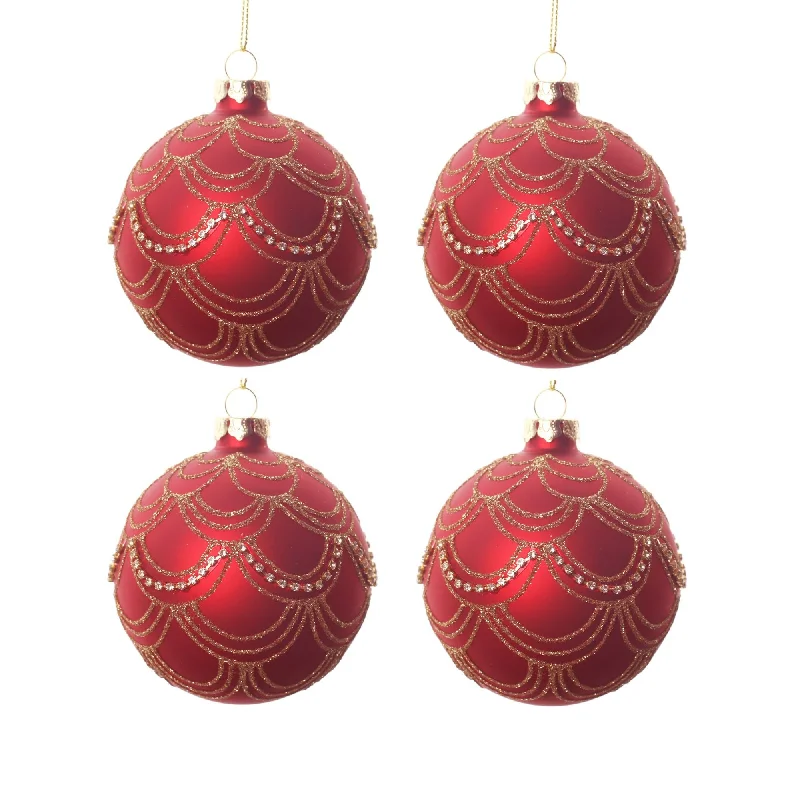 4pcs 8cm Red Gold Beaded Glass Ornament 0804003G