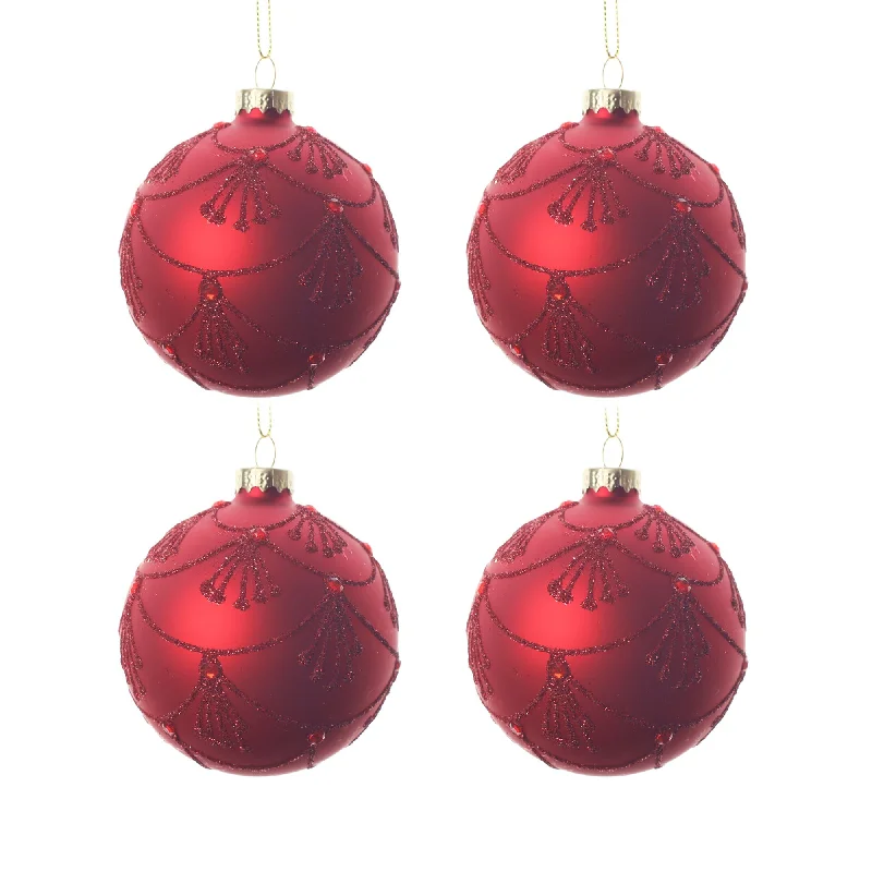 4pcs 8cm Red Glitter Round Glass Ornament 0804004G