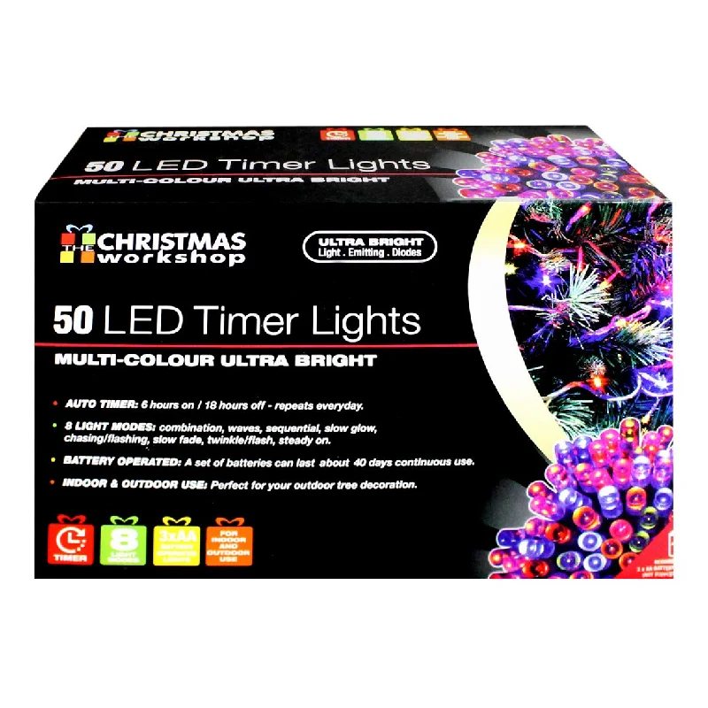 50 LED Battery Operated Timer Lights~ Indoor and Outdoor ~Multi-Coloured