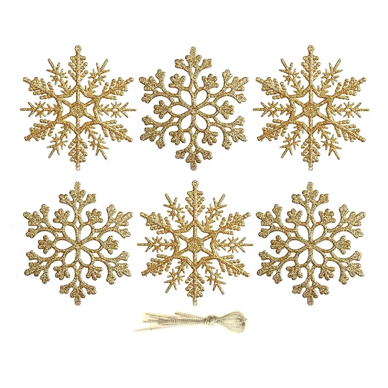 6pcs 10cm Gold Glittered Shatterproof Snowflakes with Hanging Strings 01306