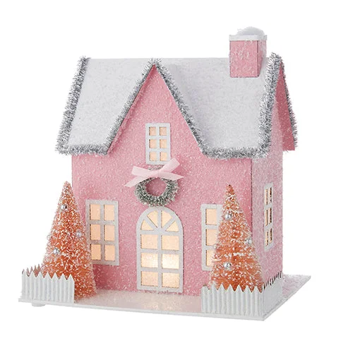 9.25" Flocked Lighted Paper House - 3 Colours