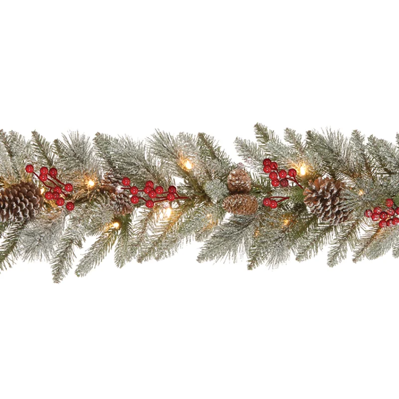 9 ft. Pre-Lit Snowy Bristle Berry Garland with Clear Lights