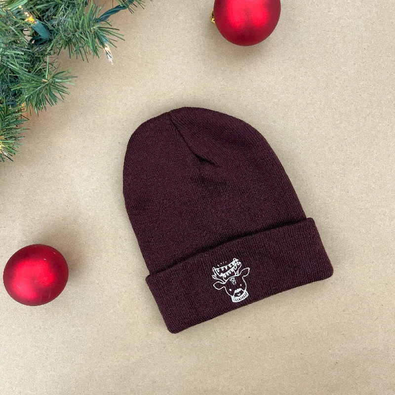 ADULT BEANIE - Brown w/ Reindeer