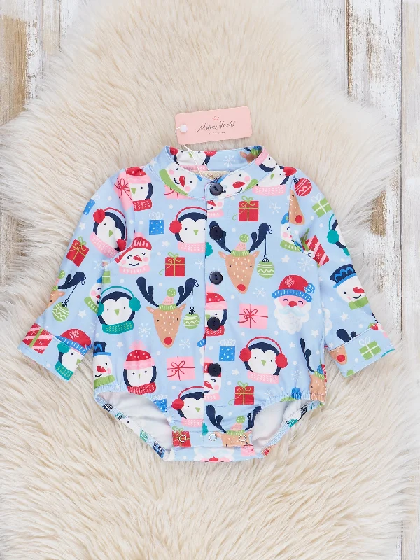 Blue Little Winter Penguins Button-Up Bubble