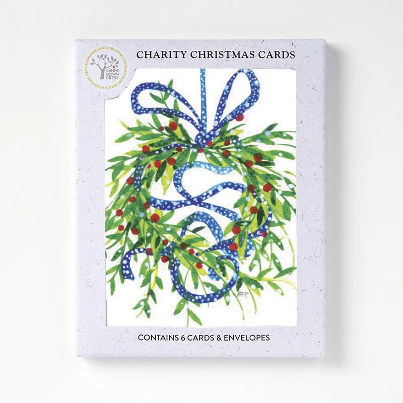 Blue Ribbon Christmas Wreath Card, Pack of 6