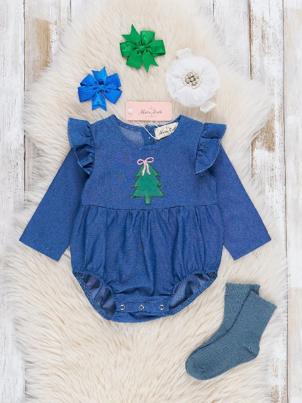 Chambray Embroidered Christmas Tree Ruffle Bubble