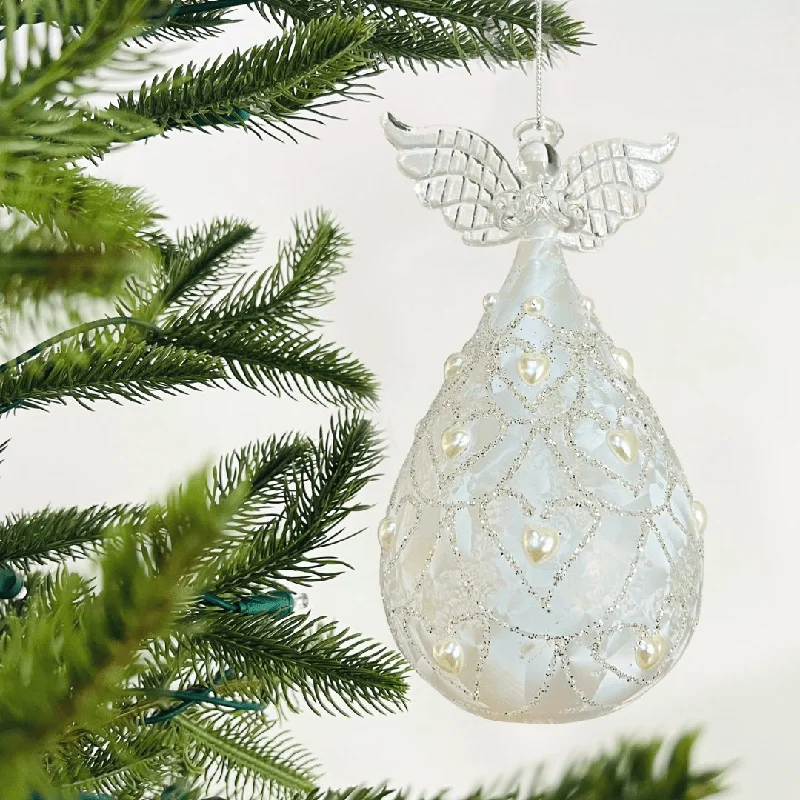 Frosted Glass Angel Ornament with Heart Beads