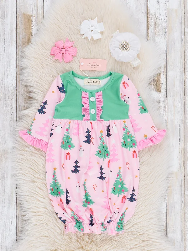 Pink & Green Holiday Forest Ruffle Sleep Gown