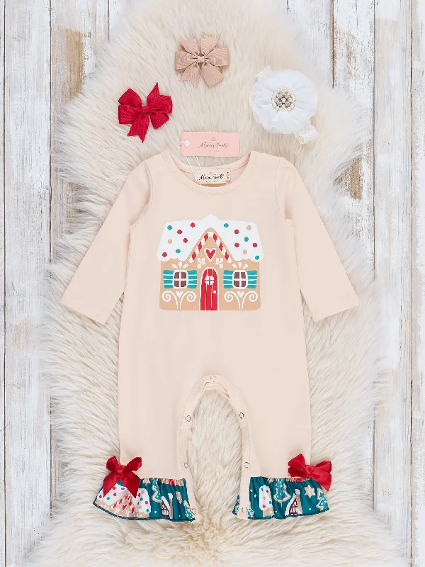 Cream & Dark Green Gingerbread Village Ruffle Romper