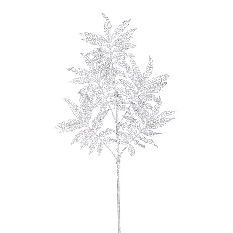 52cm Faux Glitter Silver Leaves Pick