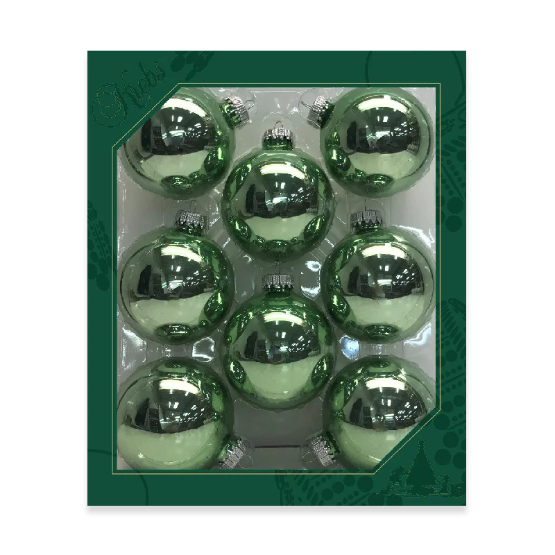 Glass Christmas Tree Ornaments - 67mm / 2.63" [8 Pieces] Designer Balls from Christmas By Krebs Seamless Hanging Holiday Decor (Eucalyptus Shiny Green)