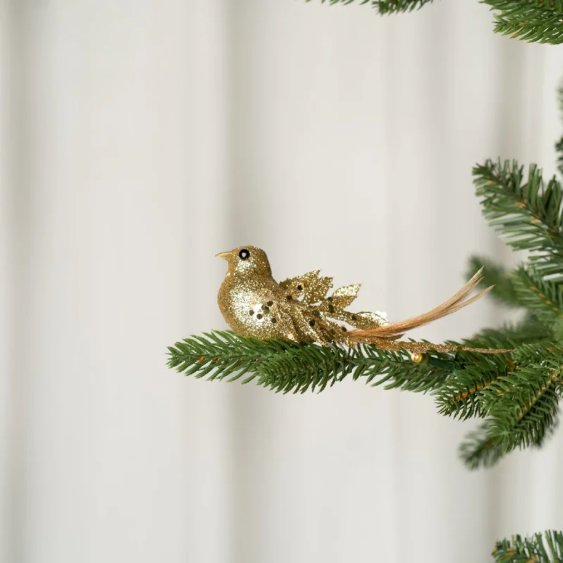 Gold Bird Clip-on Ornament Set with Feathers