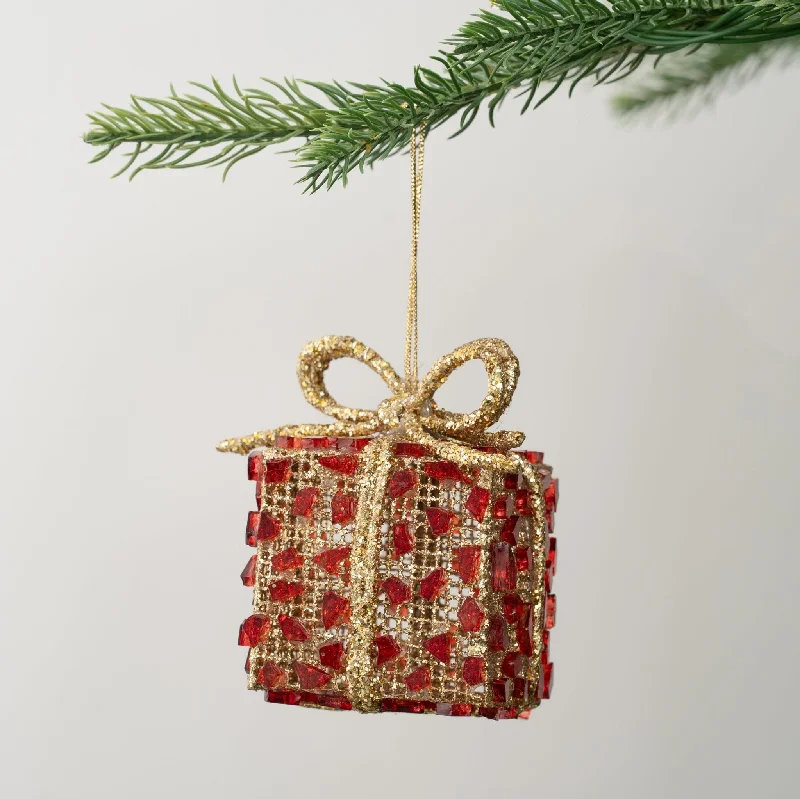 Gold & Red Mesh Gift-Box Ornament with Cullets