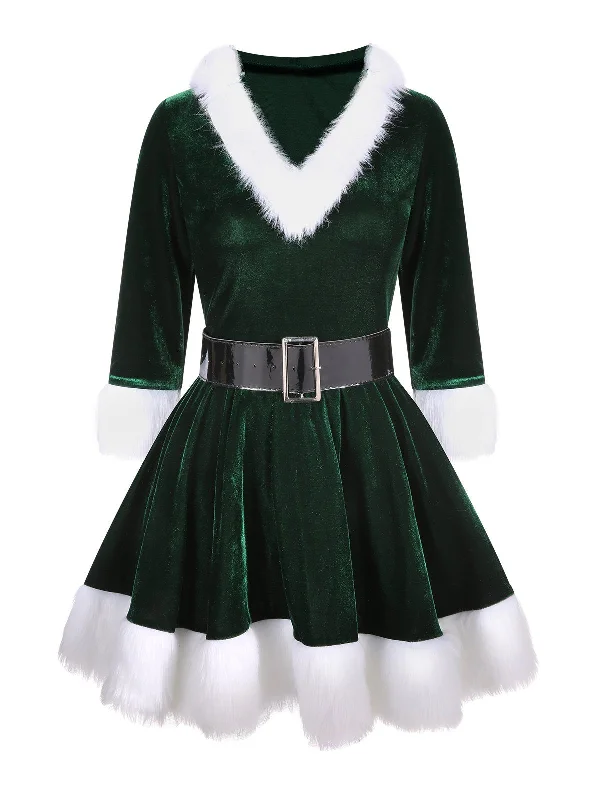 Green 1960s Christmas Velvet Patchwork Hooded Dress