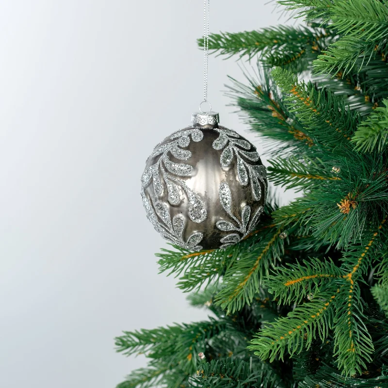 Grey Glass Ball Ornament with Silver Glitter Paisley