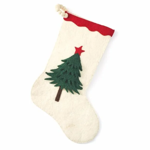 Hand Felted Wool Christmas Tree Stocking on Cream