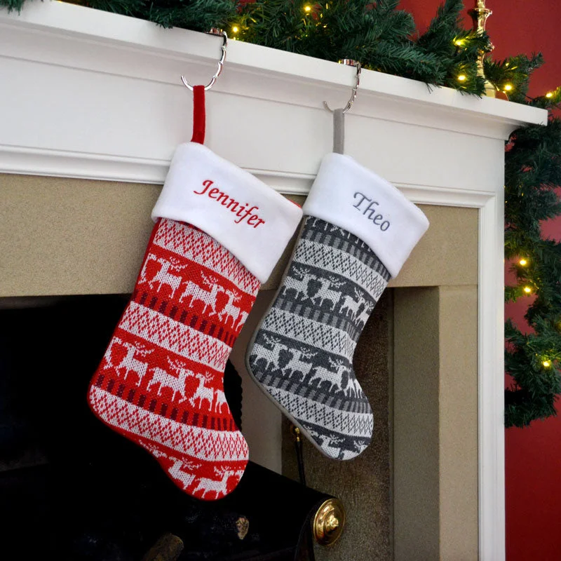 Luxury Personalised Embroidered Knitted Reindeer Christmas Stockings in Red or Silver