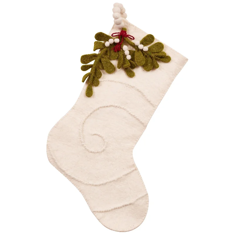 Mistletoe on Cream Christmas Stocking in Hand Felted Wool