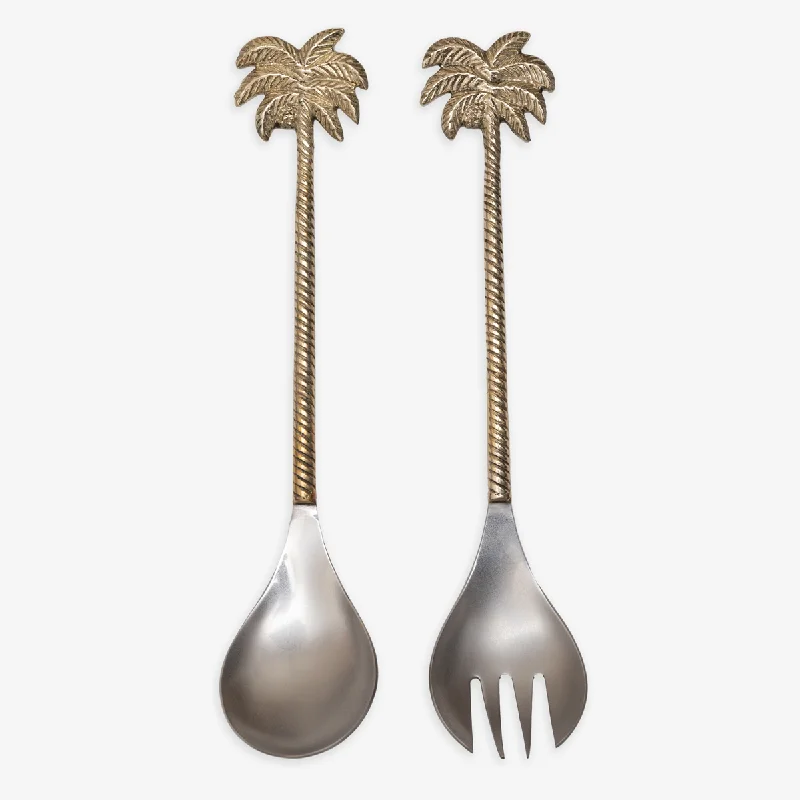 Palm Tree Salad Servers Set of Two Brass