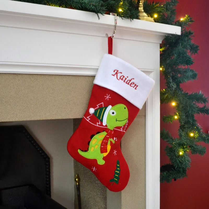 Personalised Embroidered Luxury Dinosaur Christmas Stocking