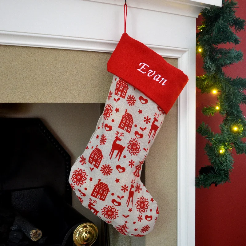 Personalised Red Nordic Pattern Calico Christmas Stocking