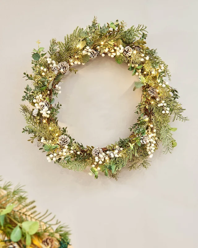 Pre-Lit Frosted Eucalyptus Wreath, 76 cm