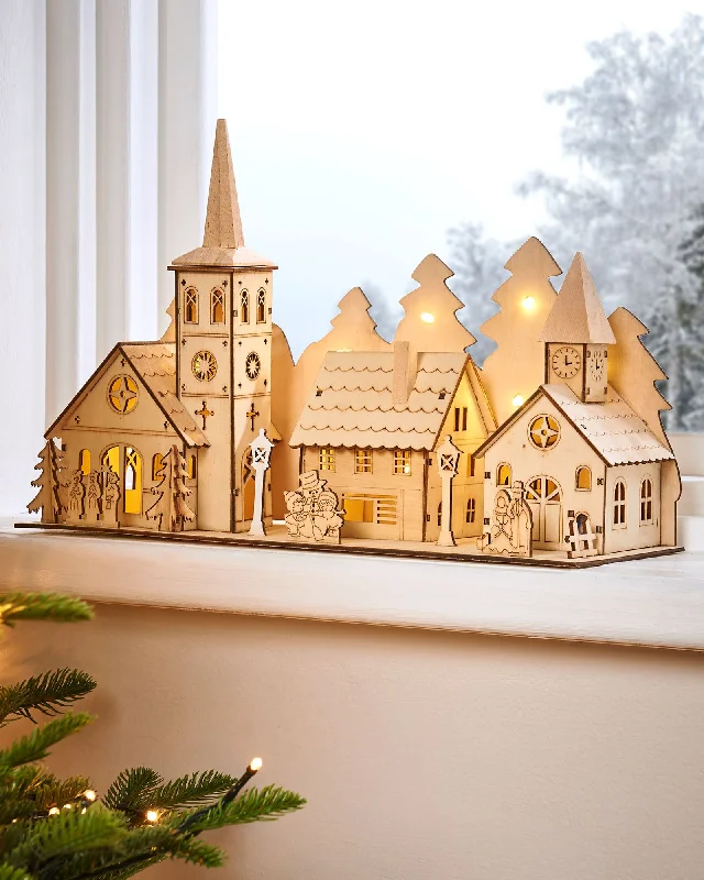 Pre-Lit Wooden Church and Village Scene, 35 cm