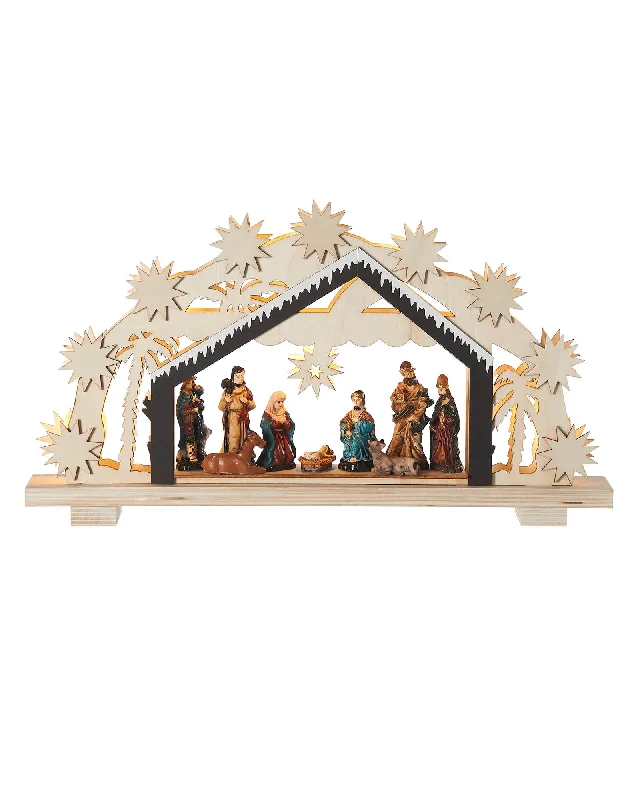 Pre-Lit Wooden Nativity Scene, 26 cm