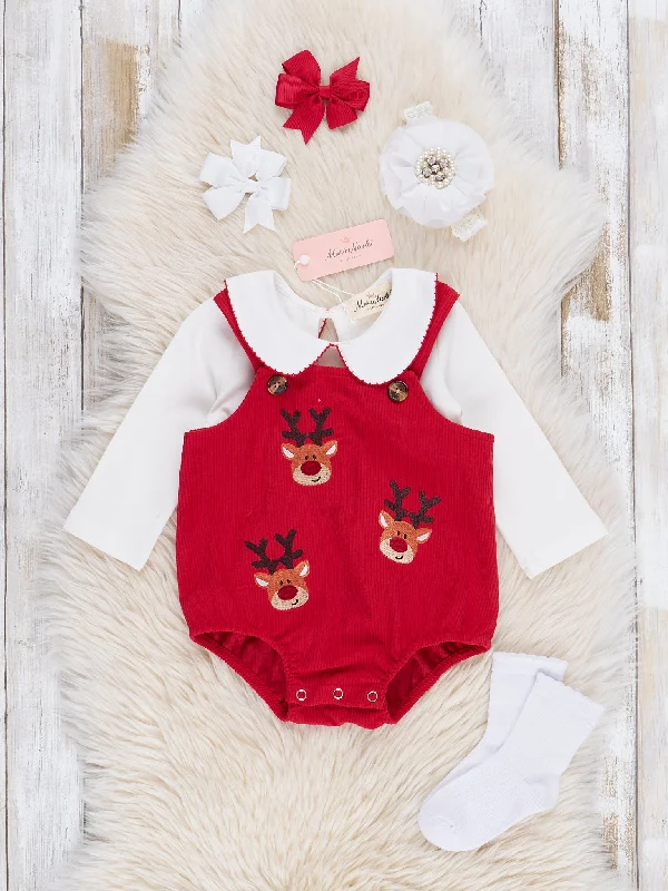 Red Embroidered Reindeer Corduroy Bubble Set