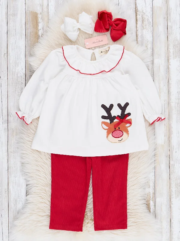 Red Embroidered Reindeer Corduroy Outfit