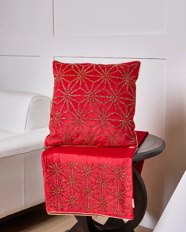 Red & Gold Beaded Pillow & Runner