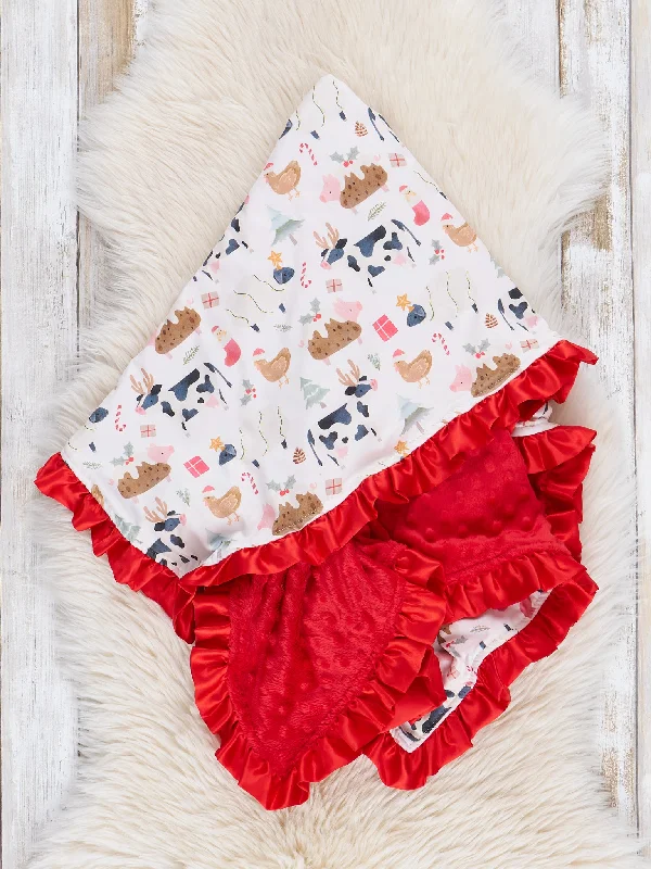 Red & White Christmas Farm Ruffle Minky Blanket