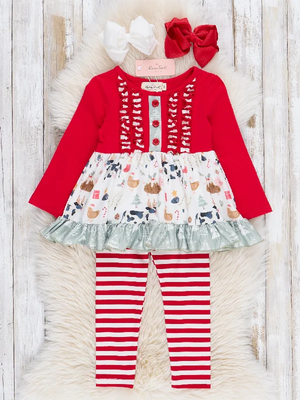 Red & White Christmas Farm Ruffle Outfit