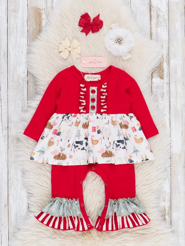 Red & White Christmas Farm Ruffle Romper