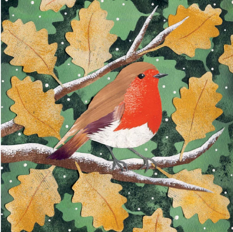 Robin And Oak Leaves Christmas Card, Pack of 6