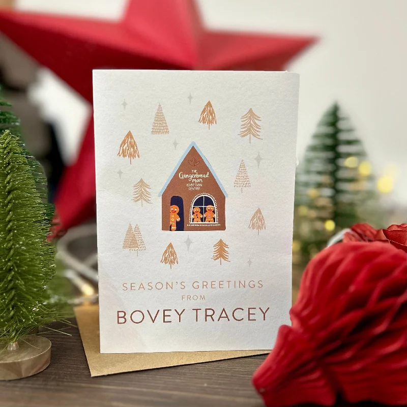 Season's Greetings From Bovey Tracey Christmas Card, Gingerbread House