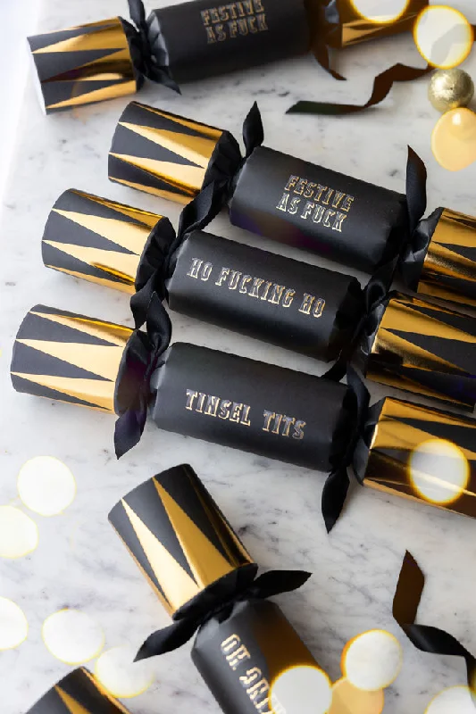 Set Of 6 Gold & Black Sweary Christmas Crackers